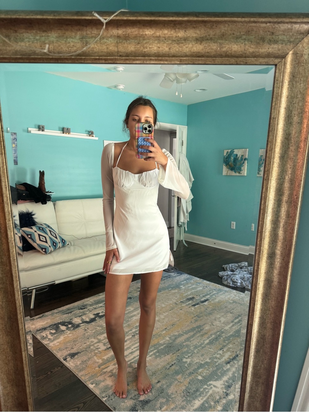 Princess Polly White Mini Dress with Sheer Long Sleeves